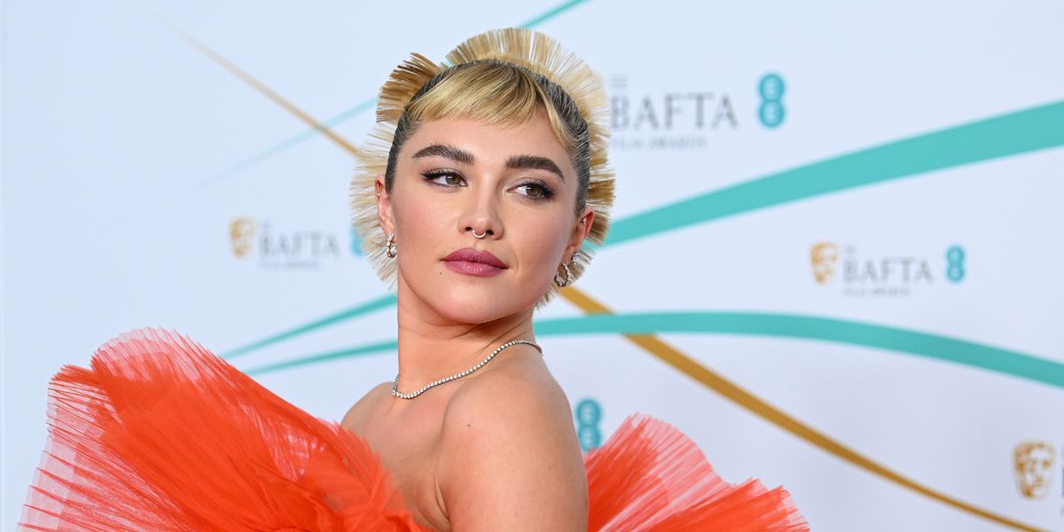 See Florence Pugh in a Sculptural Orange Ruffle Gown at the BAFTAs