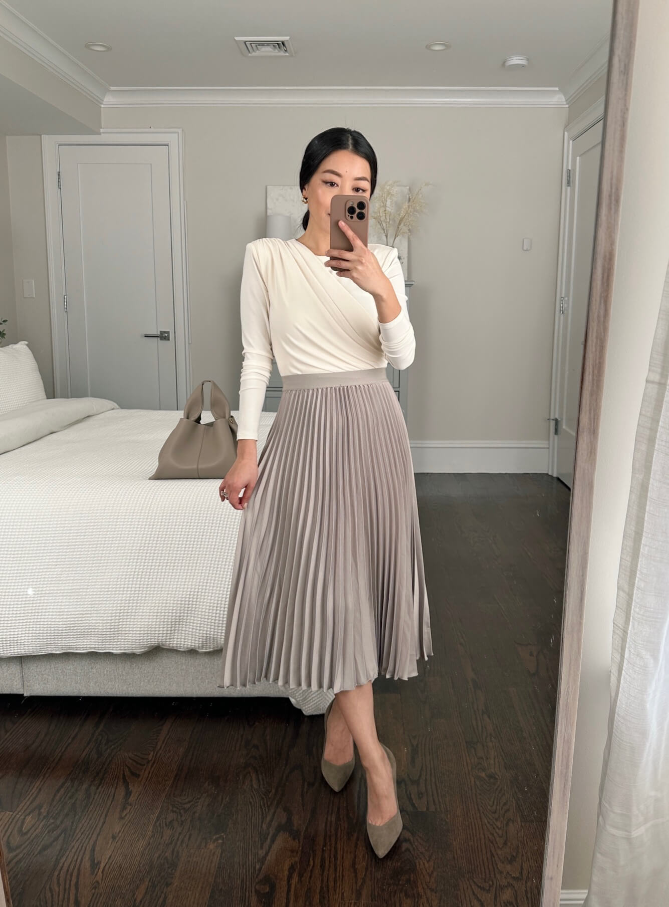 pleated midi slip skirt work outfit