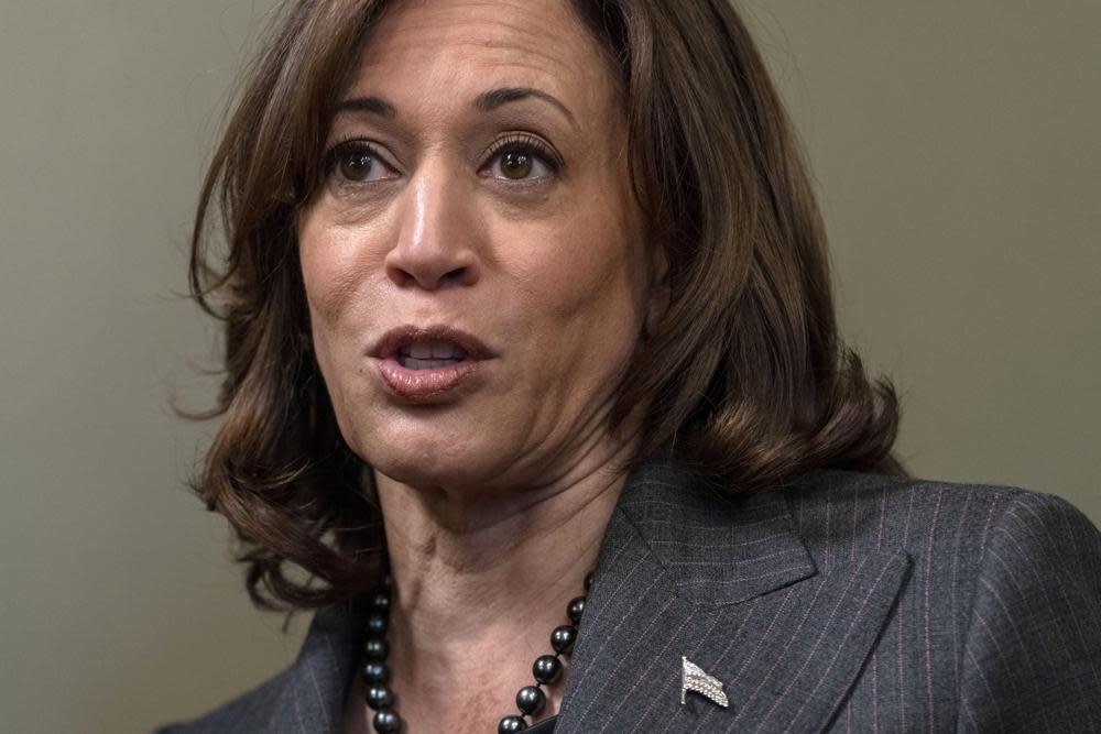 Vice President Kamala Harris answers a question about her upcoming trip to Africa, after swearing in Eric Garcetti as Ambassador to India, Friday, March 24, 2023, in her ceremonial office in the Eisenhower Executive Office Building on the White House complex in Washington. (AP Photo/Jacquelyn Martin, File)