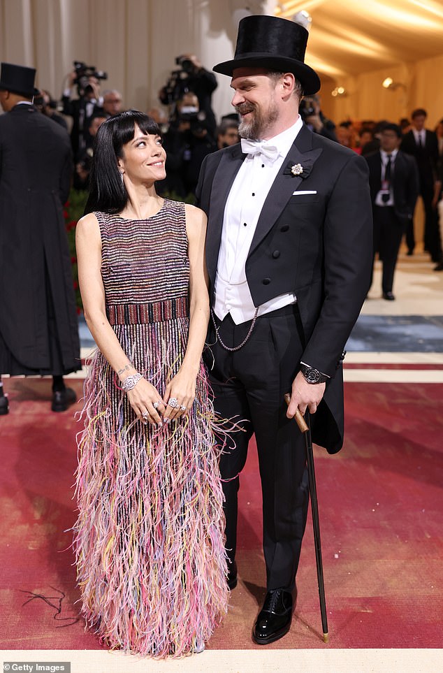 Golden couple: Pop singer Lily Allen, 37, and her Stranger Things actor husband, 47, struck gold when meeting on on Raya , going on to tie the knot in 2020