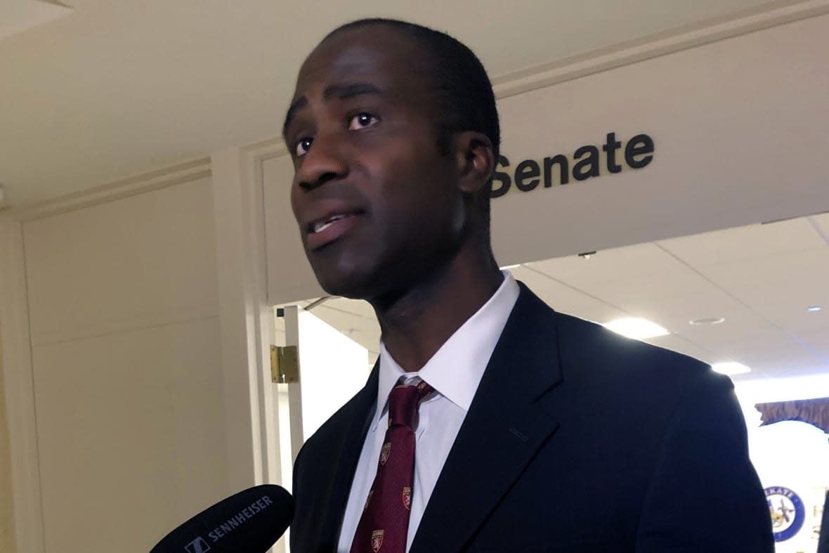 FILE – Dr. Joseph Ladapo speaks with reporters after the Florida Senate confirmed his appointment as the state’s surgeon general on Feb. 23, 2022, in Tallahassee, Fla. U.S. health agencies have sent a letter to Florida’s surgeon general, warning him that his claims about COVID-19 risks are harmful to the public. The letter from the U.S. Food and Drug Administration and the Centers for Disease Control and Prevention was sent to Ladapo on Friday, March 10, 2023.(AP Photo/Brendan Farrington, File)