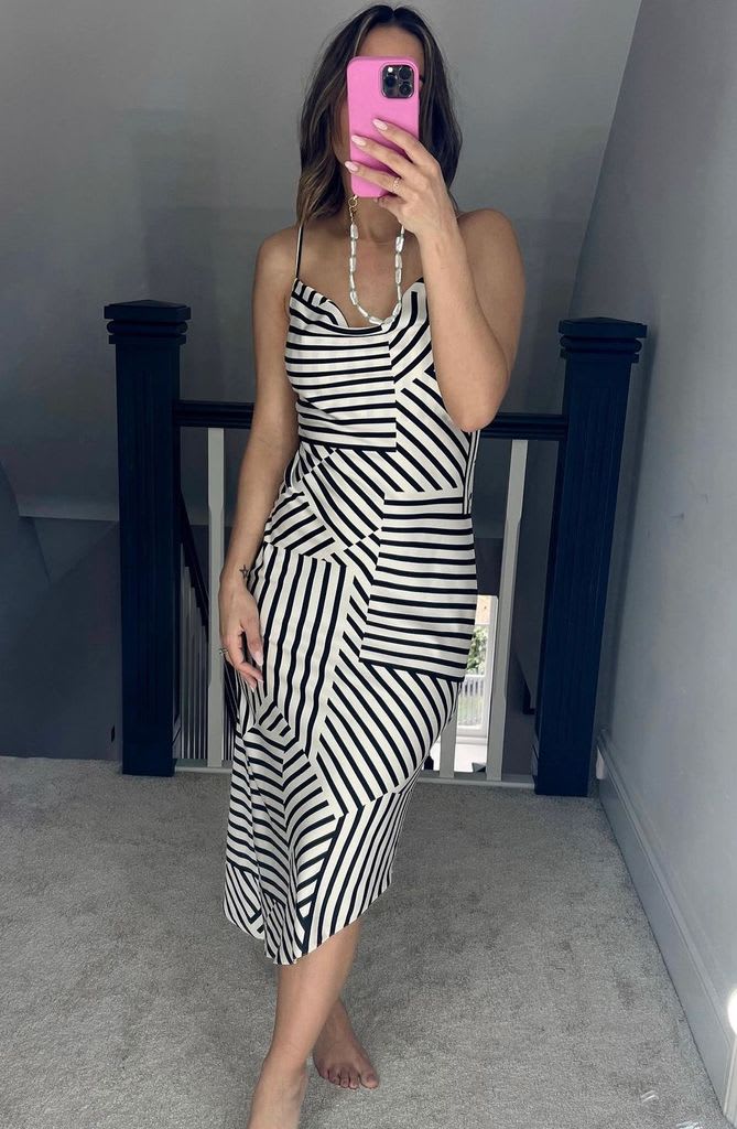 frankie bridge in striped midi dress 