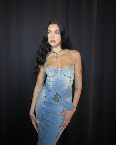 Dua Lipa in a denim dress. 