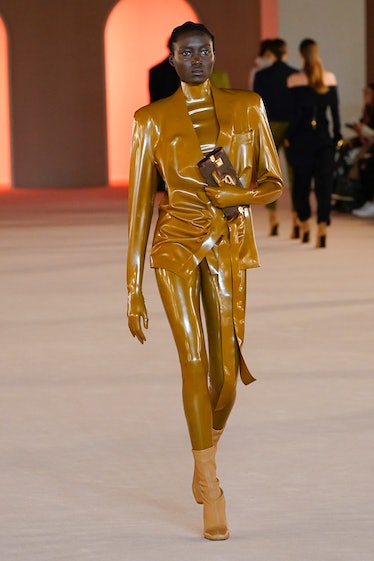 PARIS, FRANCE - FEBRUARY 28: (EDITORIAL USE ONLY) A model walks the runway during the Balmain show a...