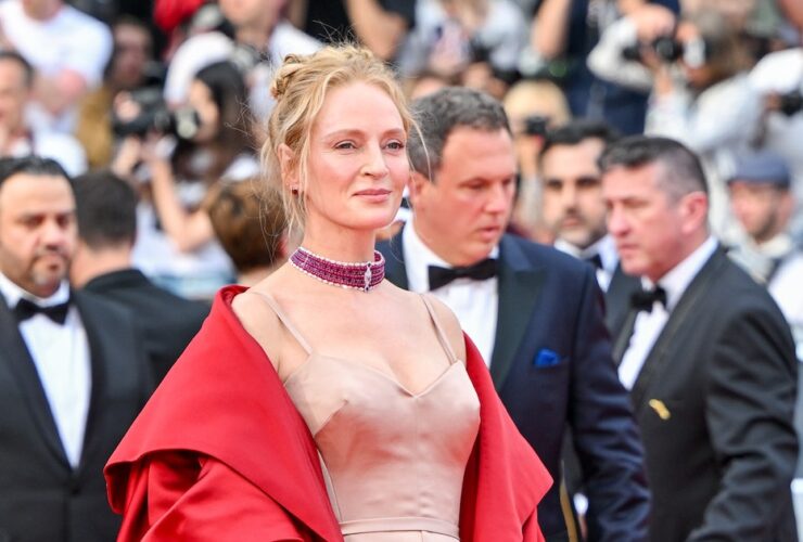 Uma Thurman Hit Cannes in a Cape Gown With Son Levon