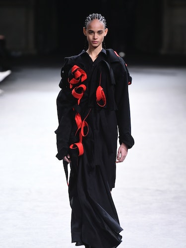 Model on the runway at Yohji Yamamoto Fall 2023 Ready To Wear Fashion Show on March 3, 2023 at Hotel...