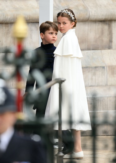 LONDON, ENGLAND - MAY 06: Prince Louis and Princess Charlotte arrive at Westminster Abbey for the Co...