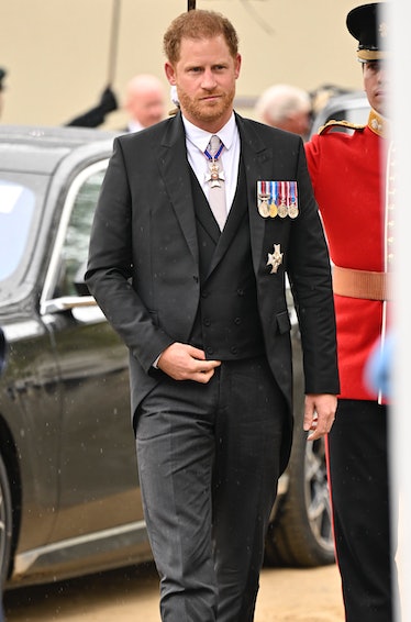 LONDON, ENGLAND - MAY 06: Prince Harry, Duke of Sussex arrives for the Coronation of King Charles II...