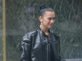 Dua Lipa Goes Full Moto With Oversized Leather Jacket and Mini Skirt