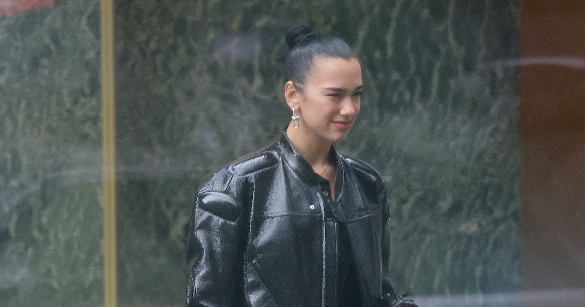 Dua Lipa Goes Full Moto With Oversized Leather Jacket and Mini Skirt