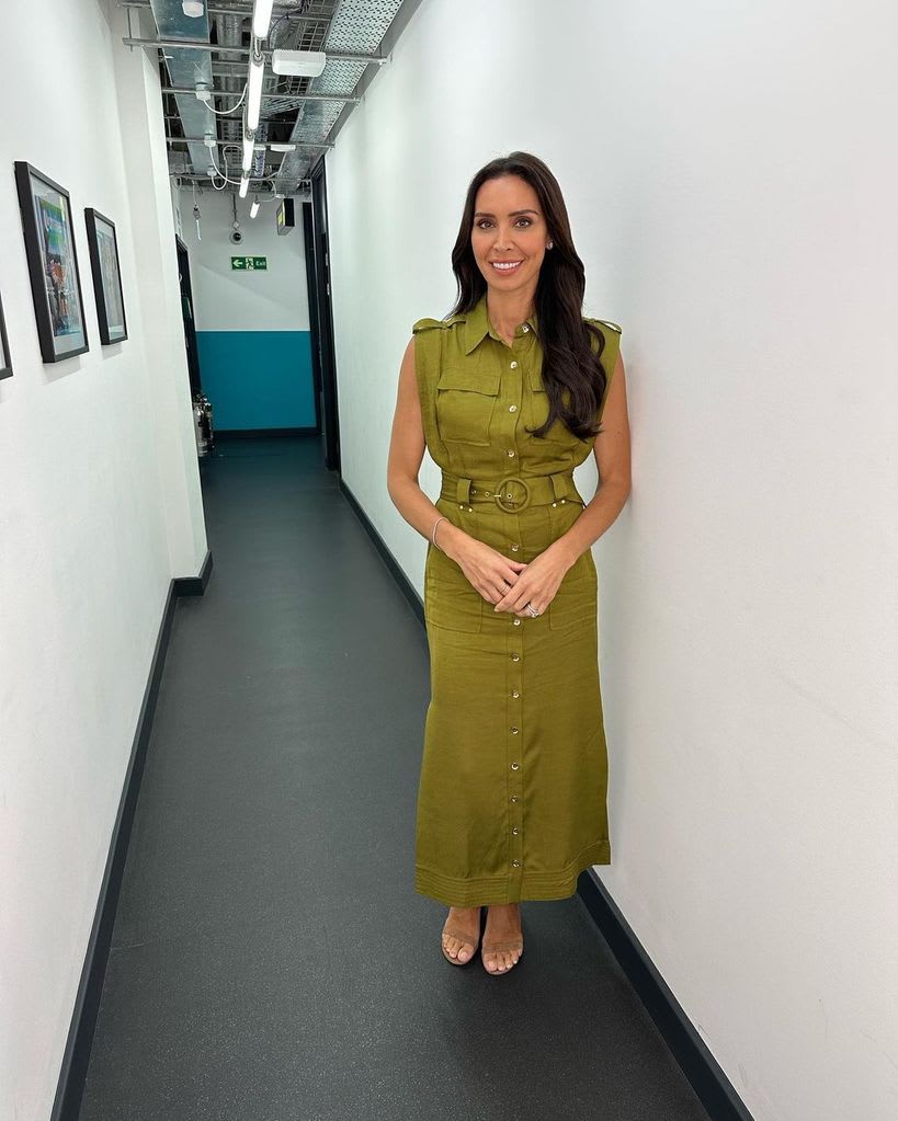 Christine lampard wearing khaki dress