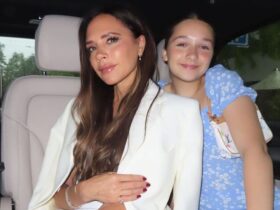 Harper and Victoria Beckham twin with matching ponytails on family date night