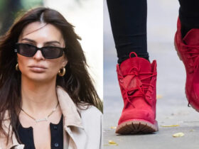 Emily Ratajkowski Takes a Stroll In Bright Red Timberland Boots