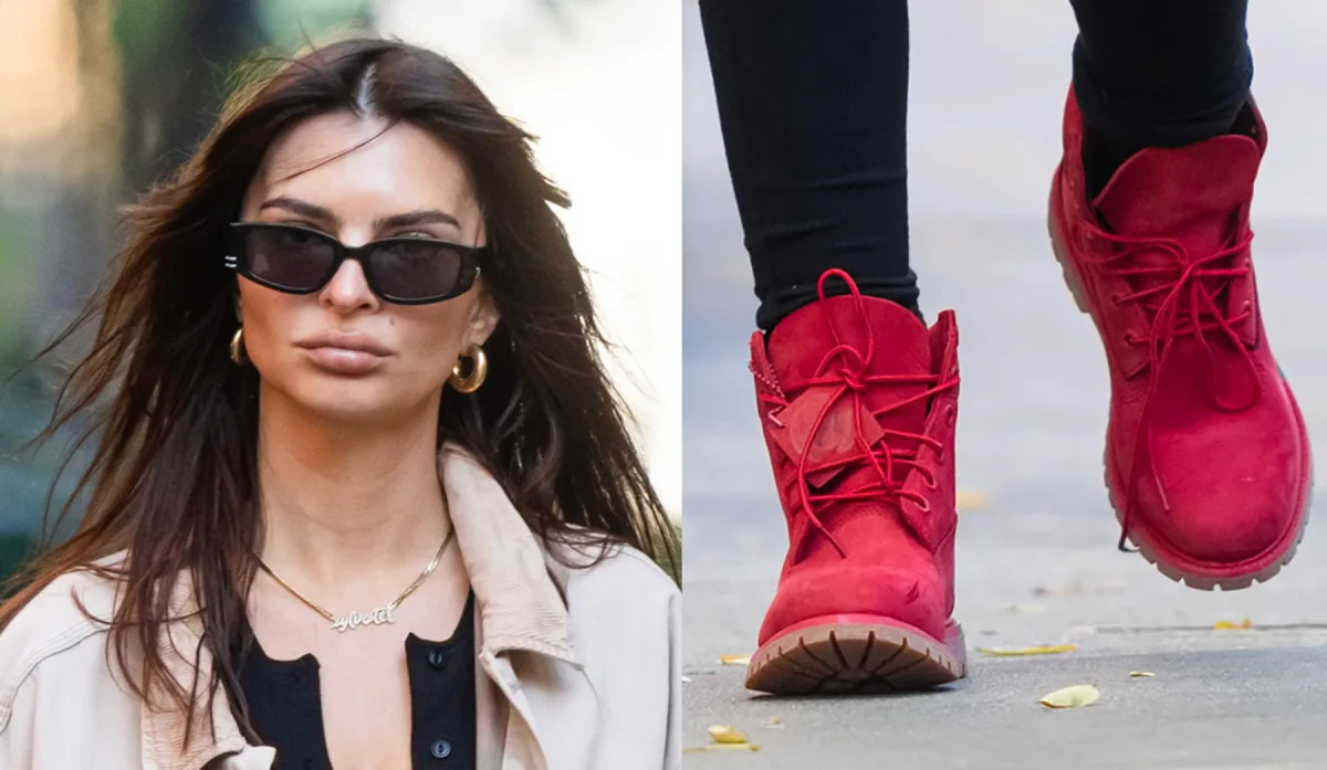 Emily Ratajkowski Takes a Stroll In Bright Red Timberland Boots