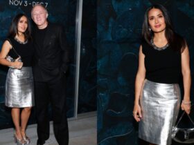 Salma Hayek Takes on Metallic Trend at Frequency Opening Reception – WWD