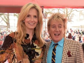 Penny Lancaster rocks daring leather skirt as she teams up with Rod Stewart for King Charles’s birthday